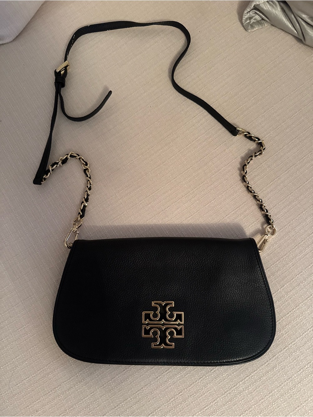 Tory Burch Black Leather Crossbody with Gold Logo & Chain Strap
